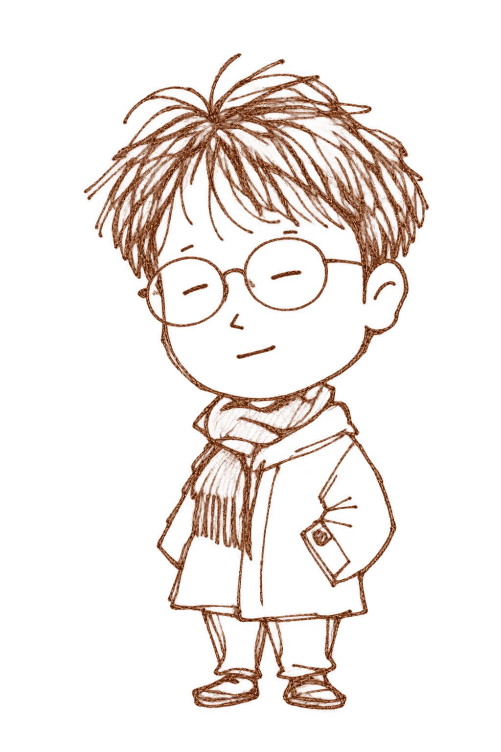 Hand-sketched portrait of Gaoyuan Wu with round glasses, simplified facial features, and a scarf